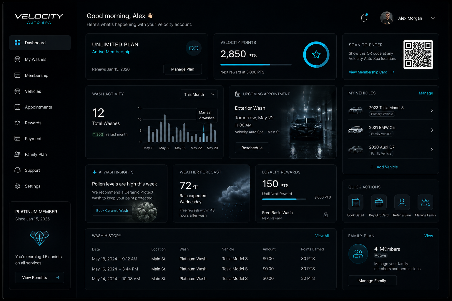 Velocity Auto Spa dashboard concept screen