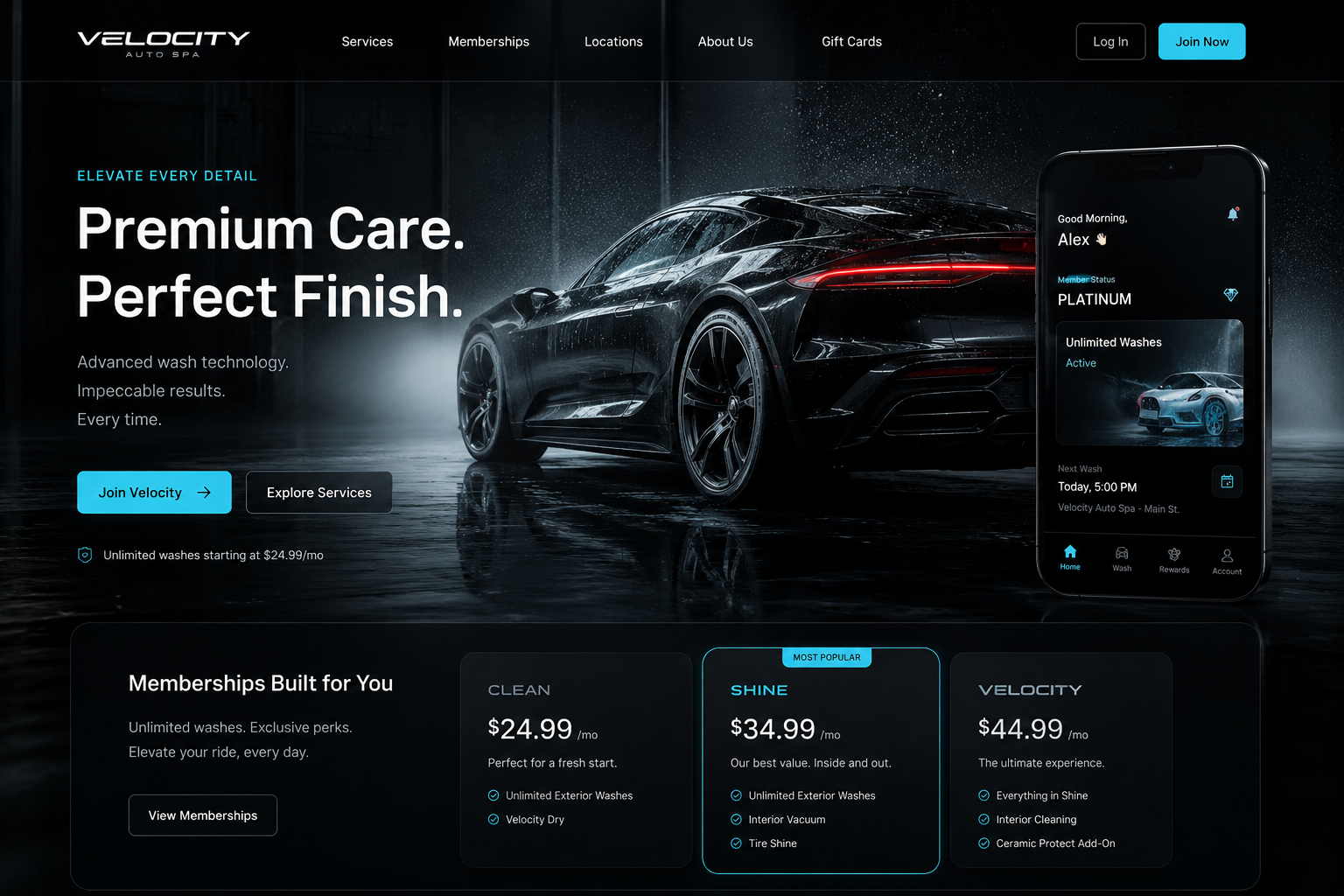 Velocity Auto Spa concept website hero screen