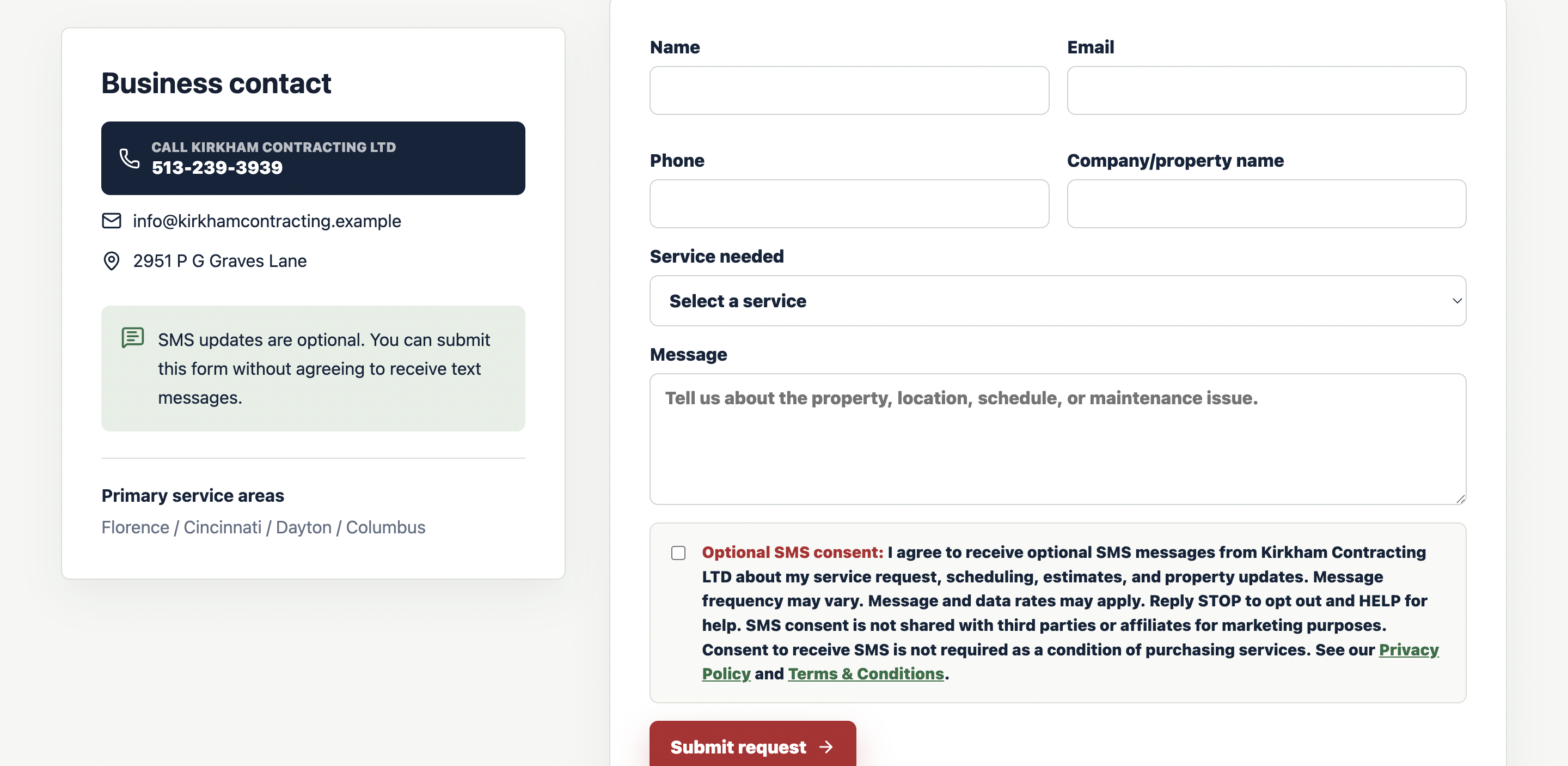 Kirkham Contracting SMS compliance page preview