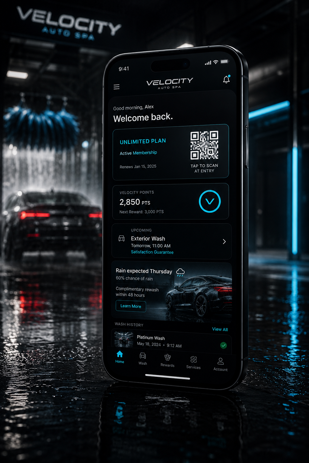 Velocity Auto Spa mobile app concept screen